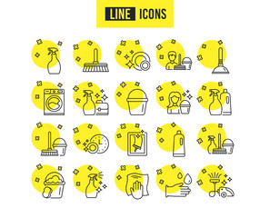Poster - cleaning line icons. laundry, sponge and vacuum cleaner signs. washing machine, housekeeping service
