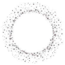 Round Frame Of Random Scatter Silver Stars On White Background. Vector