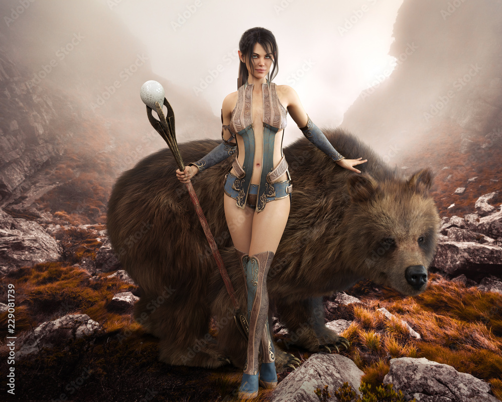 Fantasy elegant Druid female devoted to nature posing with her magical staff and enormous pet bear. 3d rendering - obrazy, fototapety, plakaty 