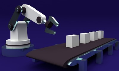 Poster - Smart factory concept. Robotic arm and conveyor. 3d rendering