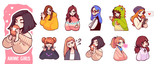 Fototapeta  - A set of cute anime girls illustrations in various clothes doing different activities with different expressions. Stickers or badges
