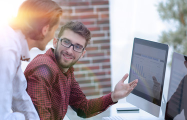 Sticker - employees of the company, discussing the statistics