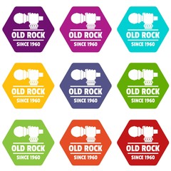 Poster - Retro rock music icons 9 set coloful isolated on white for web