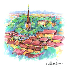 Wall Mural - Color hand drawing, scenic aerial view of the Old Town in Gothenburg, Sweden. Picture made markers