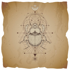 Wall Mural - Vector illustration with hand drawn scarab and Sacred geometric symbol on vintage paper background with torn edges. Abstract mystic sign. Sepia linear shape. 