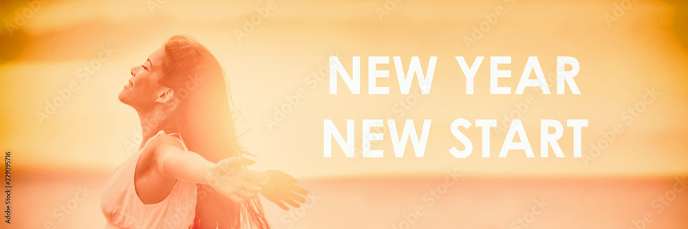 NEW YEAR NEW START motivational message, inspirational quotes for the New Year 2019 resolution in fitness weight loss. Happy woman with arms up for new life challenge banner panorama. - obrazy, fototapety, plakaty 