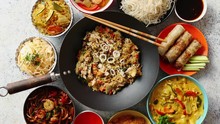 Asian Oriental Food Composition In Colorful Dishware, Served On Stone, Top View. Chinese, Vietnamese, Thai Cuisine Set. With Copy Space