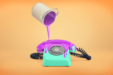 Wall Mural - 3d rendering of blue retro rotary phone stands on an orange background with purple paint leaking on 
