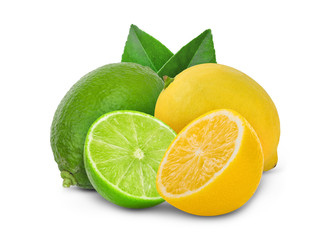 Wall Mural - fresh lime and lemon with green leaf isolated on a white background