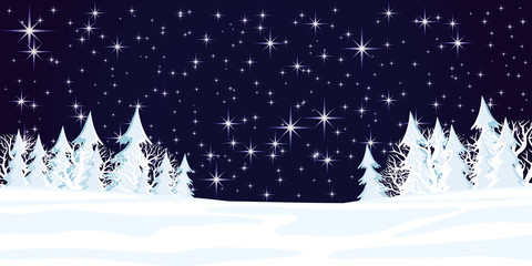 Wall Mural - Winter landscape with forest on a starry sky background.