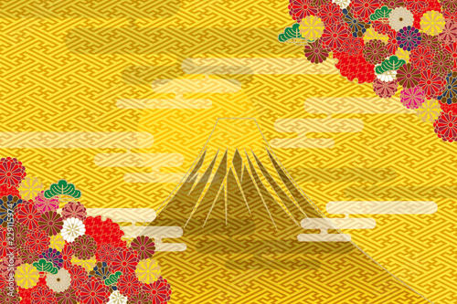 着物のイメージの正月用背景 和柄と富士山と日の出 金：年賀状素材 工字繋ぎ文様と菊と雲の柄 Stock Illustration