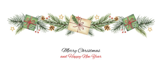 watercolor vector christmas wreath with green fir branches and gift.