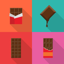 Set Of Chocolate Bars Flat Icons With Long Shadow Isolated On Colorful Background. Simple Chocolate In Flat Style. Vector Sign Symbol.