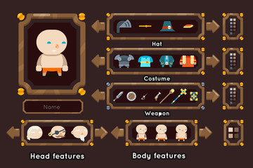 Fantasy game character generation interface weapons screen concept adventurer RPG flat design magic fairy tail template vector illustration