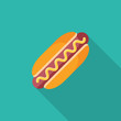 Hot dog flat icon with long shadow isolated on blue background. Simple Hot dog in flat style, vector illustration for web and mobile design. Fast food elements vector sign symbol.