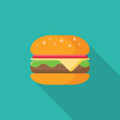 Hamburger flat icon with long shadow isolated on blue background. Simple Hamburger in flat style, vector illustration for web and mobile design. Fast food elements vector sign symbol.