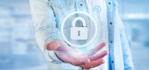 Poster - Man holding a padlock web security concept 3d rendering