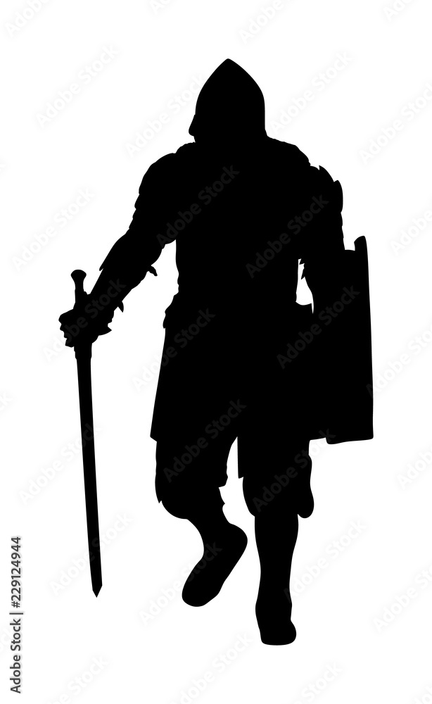 Knight in armor with sword and shield vector silhouette isolated ...