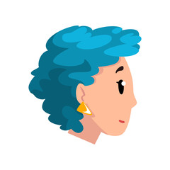 Poster - Head of girl with blue dyed hair, profile of young woman with fashion hairstyle vector Illustration on a white background