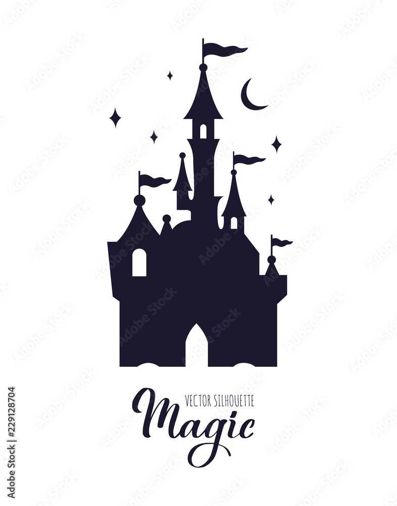 Fairy tale medieval Castle silhouette witn night starry sky - obrazy, fototapety, plakaty 