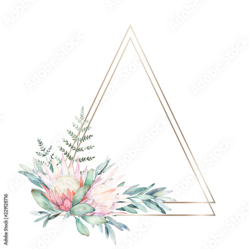 Watercolor greenery geometric frame with flower, eucalyptus and fern. Hand dr...