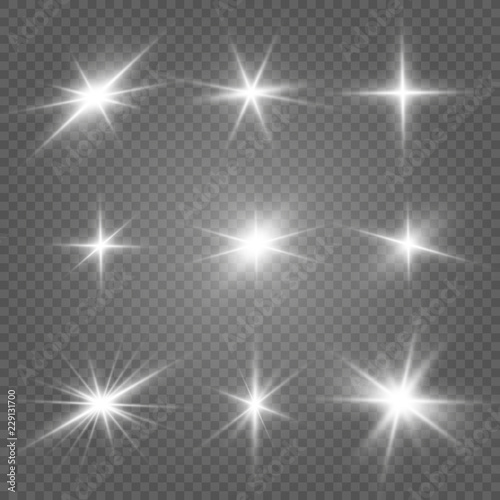 Glow isolated white light effect set, lens flare, explosion, glitter, line, sun flash and stars Poster Mural XXL
