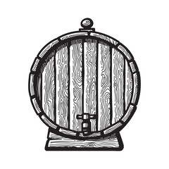Wall Mural - old wooden barrel with a tap in engraving style. black and white hand drawn vector illustrations. fr