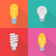 Set of  light bulbs icons with long shadow isolated on colorful background. Simple lamps  in flat style. Vector sign symbol.