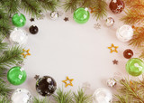 Fototapeta Panele - Christmas card mockup with green baubles 3D rendering
