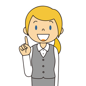 二頭身　外国人　グレーの制服の女性　人差し指をさす　ひらめく