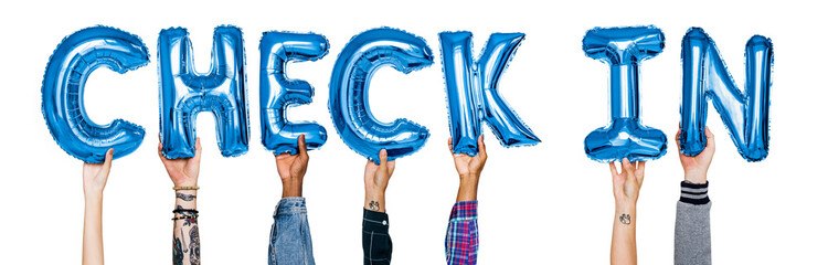 Poster - Hands showing check-in balloons word