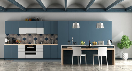 Wall Mural - White and blue contemporary kitchen