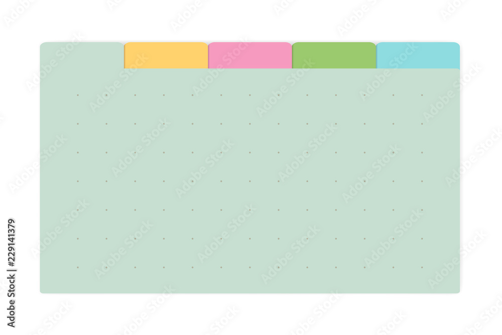 Color dot grid page notebook with tab dividers, vector mock up