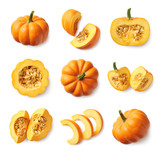 Fototapeta  - Set of fresh whole and sliced pumpkin