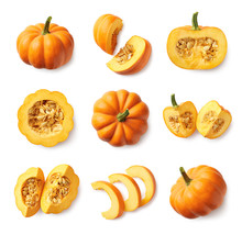 Set Of Fresh Whole And Sliced Pumpkin