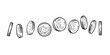 Set of coins with dollar symbol in different positions. Black and white sketch of shining metal money at different angles. Hand drawn vector illustration.