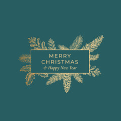 Wall Mural - merry christmas abstract botanical card with rectangle frame banner and modern typography. premium g