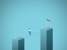 Businesswoman Walking Across Gap On A Tightrope Vector Concept. Symbol Of Business Risk, Courage, Adventure, Success And Ambition, Motivation.