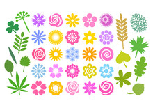 Big Set Of Flowers And Leaves In Simple Cartoon Flat Style. Cute Floral Collection For Patterns, Borders, Greeting Cards. Vector.