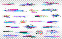 Glitch Elements Set. Color Distortions On Transparent Background. Abstract Digital Noise. Error Collection. Modern Glitch Templates. Pixel Design. Vector Illustration