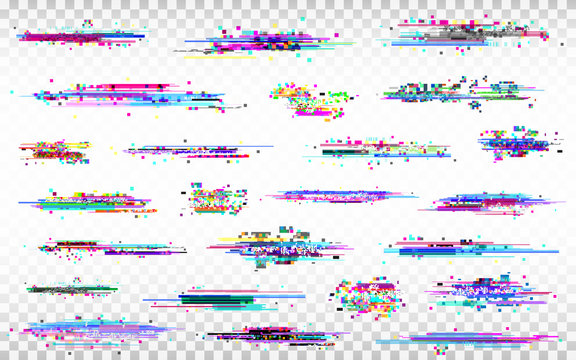 Fototapete - Glitch elements set. Color distortions on transparent background. Abstract digital noise. Error collection. Modern glitch templates. Pixel design. Vector illustration
