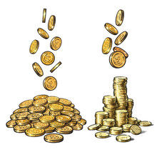 Finance, Money Set. Sketch Of Falling Gold Coins In Different Positions, Pile Of Cash, Stack Of Money. Hand Drawn Vector Illustration.