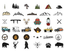 Vintage Hand Drawn Adventure Symbols, Hiking, Camping Shapes Of Backpack, Wild Animals, Canoe, Surf Car, Backpack. Retro Monochrome Design. For T Shirts, Prints. Stock Silhouette Icons Isolated