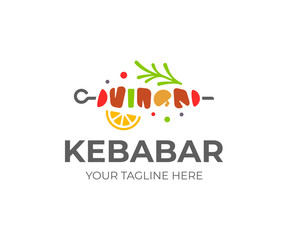 Shish kebab logo design. Meat skewer with vegetable vector design. Grilled meat skewers logotype