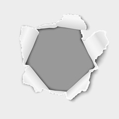 Wall Mural - Vector snatched middle of white paper with torn edges, soft shadow and space for text. Damaged sheet with gray background for ad and other aims. Template paper design.