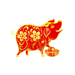 Wall Mural - Chinese contemporary modern art red and golden line smile pig 001