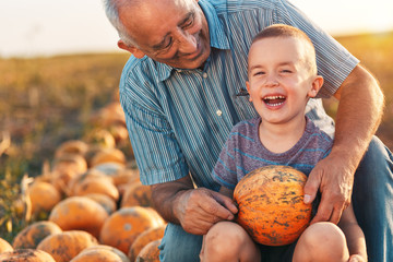 Senior farmer with his grandson examining pumpkin in field.