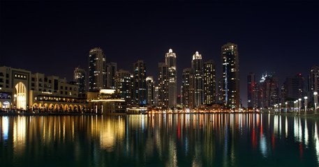 City skyline from Dubai Mall near Burj Khalifa by night, United Arab Emirates