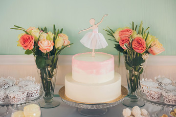 Ballerina Candy Bar. Delicious sweet buffet with cake. A beautiful buttercream layer cake decorated with ballerina cake topper.
