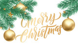 Fototapeta Do akwarium - Merry Christmas golden calligraphy lettering and Xmas gold stars decoration. Vector Xmas tree ornaments on white background